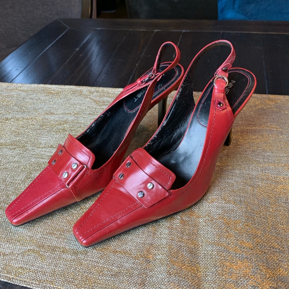Red Nine West square-toe heels!